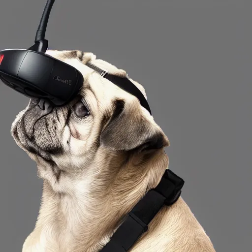 Image similar to a pug wearing a VR headset. Photorealistic.