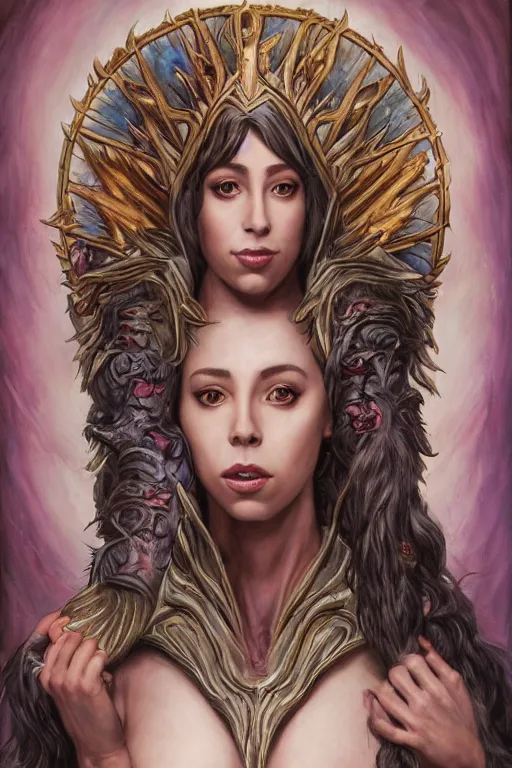 Image similar to A fantasy comic book style portrait painting of, hybrid, Oona Chaplin, Cory Chase, as an Atlantean, Reptilian Warrior, Mystical Valkyrie, François Boucher, Oil Painting, unreal 5, DAZ, hyperrealistic, octane render, Regal, Refined, Detailed Digital Art, RPG portrait, Michael Cheval, William-Adolphe Bouguereau, Walt Disney (1937), Steampunk, dynamic lighting, Highly Detailed, Cinematic Lighting, Unreal Engine, 8k, HD