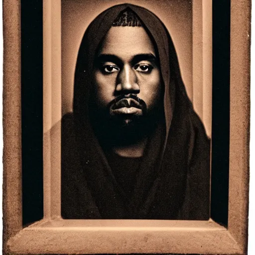 Image similar to a chiaroscuro lighting portrait of kanye west dressed as jesus, black background, portrait by julia margaret cameron, shallow depth of field, 8 0 mm, f 1. 8