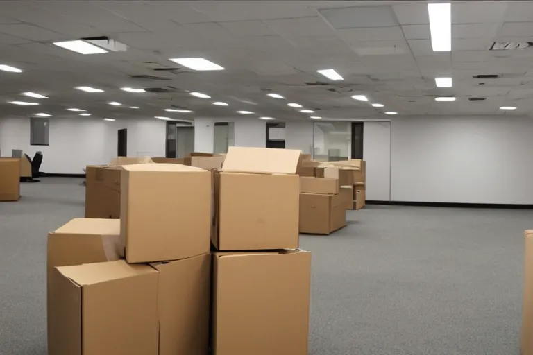 Prompt: an empty office after everyone has moved out, moving boxes