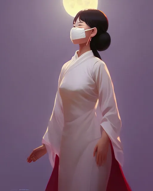 Prompt: asian female, white cloth mask wearing traditional ao dai, full moon on the sky, a ultra detailed beautiful panting by ilya kuvshinov, greg rutkowski and makoto shinkai, trending on artstation