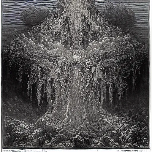 Prompt: gustave dore james gurney massive cloud deity and extremely miniscule soul surrounded by psychedelic trippy energy beasts creepy horror art intricate detailed fluid smoke art splashing fractal prismatic maximalist