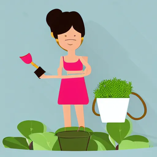 Prompt: a woman holding a watering can on top of a light blue flower that is on top of a plant pot, is dripping three drops of water from the watering can, flat design, flat colors, illustration