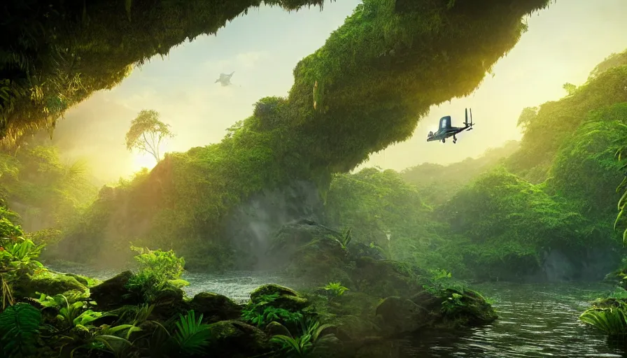 Image similar to a distant scifi flying car floating in a prehistoric jungle cave, lush flora, waterfall, sunset, hazy, volumetric lighting, rtx on, photorealistic render, great composition, very detailed