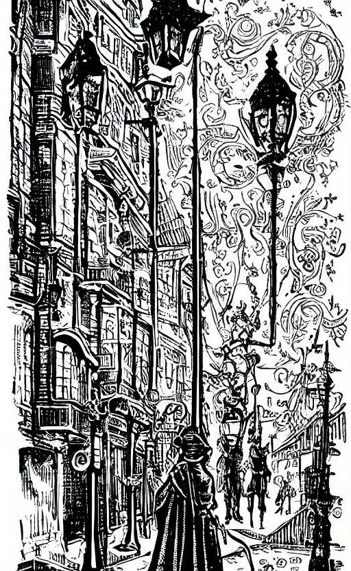 Prompt: black paper tarot card a lamplighter turning on a lamppost on a street, latticework in the style of vintage detailed illustration designed by marc simonetti and mike mignola black light style intricate ink illustration