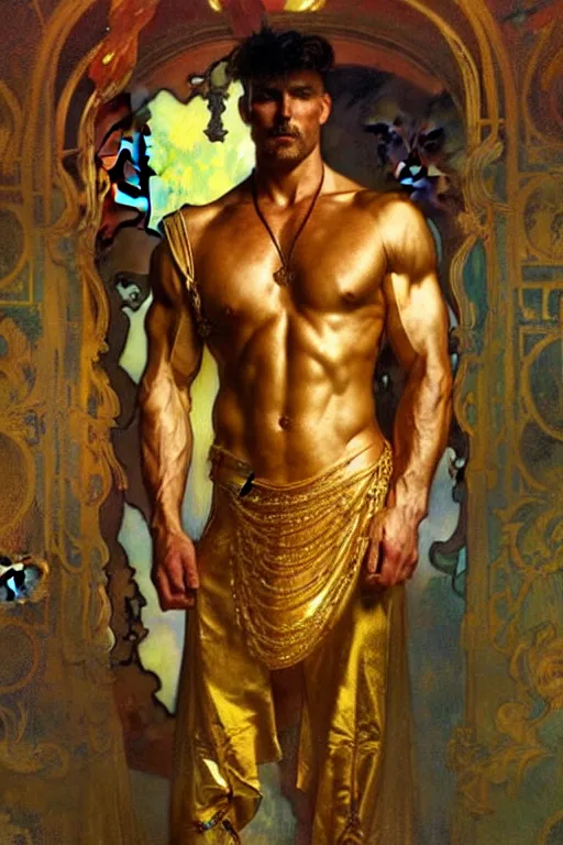 Image similar to A man wearing golden clothes, muscular, fantasy, painting by greg rutkowski and alphonse mucha