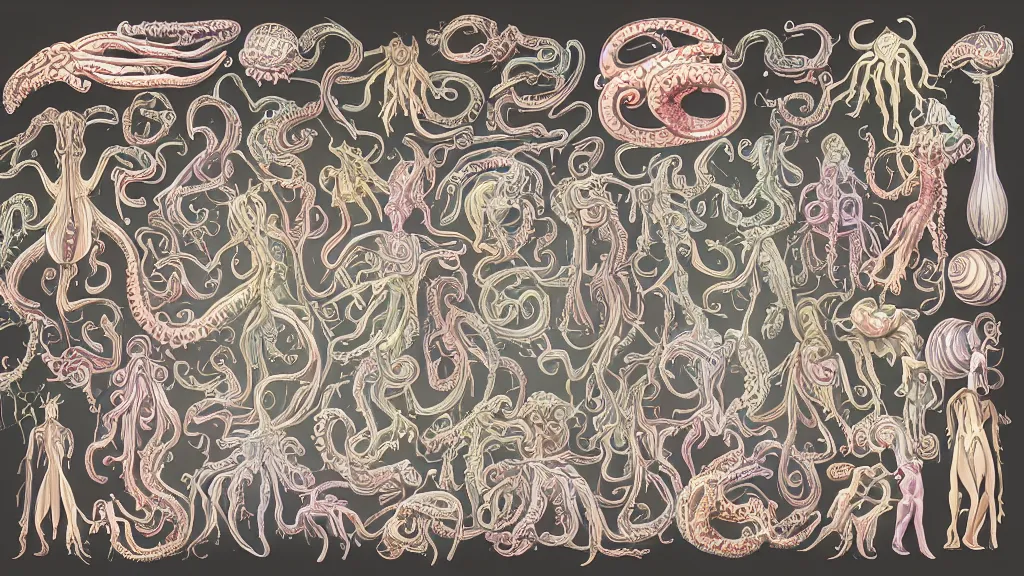 Image similar to vector, highly detailed colorful character sheet for a stocky alien extraterrestrial victorian female servant maid with thick snake - like tentacles instead of hair, long dress with apron, ernst haeckel, jim henson creature shop, coherent, illustration, digital art, trending on artstation, hd, 8 k, good lighting, beautiful, rough paper, masterpiece