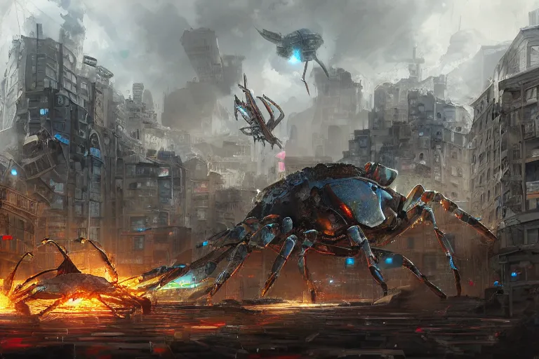 Image similar to giant mechanical crab destroying buildings on a city, digital painting, mixed media, trending on artstation and deviantart, epic composition, highly detailed, 8 k