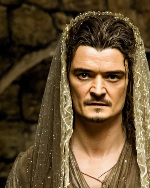 Prompt: Orlando Bloom in the role of galadriel, film still, high detail