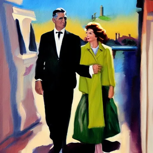 Image similar to an oil painting from a scene containing cary grant and kate hepburn in ‘ the philadelphia story. ’