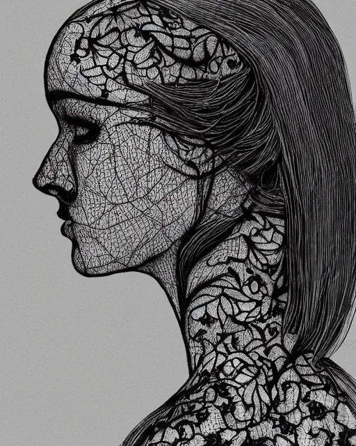 Prompt: a woman's face in profile, red hair, made of intricate lace skeleton, in the style of the dutch masters and gregory crewdson, dark and moody