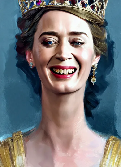 Image similar to portrait of emily blunt as queen, laughing, jewelry, greek, sapphire, victorian age, 1 8 9 0, intricate, headshot, key visual, conceptart, ambient lighting, highly detailed, digital painting, artstation, concept art, sharp focus, by makoto shinkai and akihiko yoshida and greg manchess