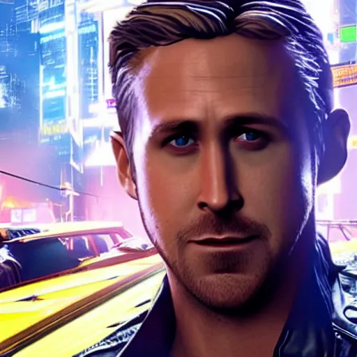 Image similar to ryan gosling in the game cyberpunk 2 0 7 7 as a getaway driver