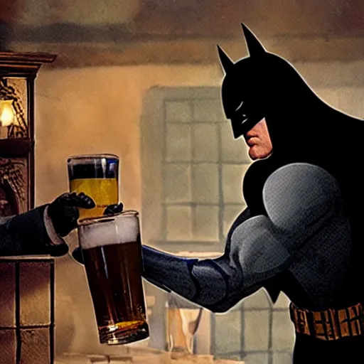 Prompt: photo of batman pouring a pint for a horse aggressively