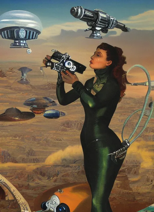 Image similar to a Raypunk painting of a woman holding a raygun, UFOs in the background, life like, intricate detail, 4K HD