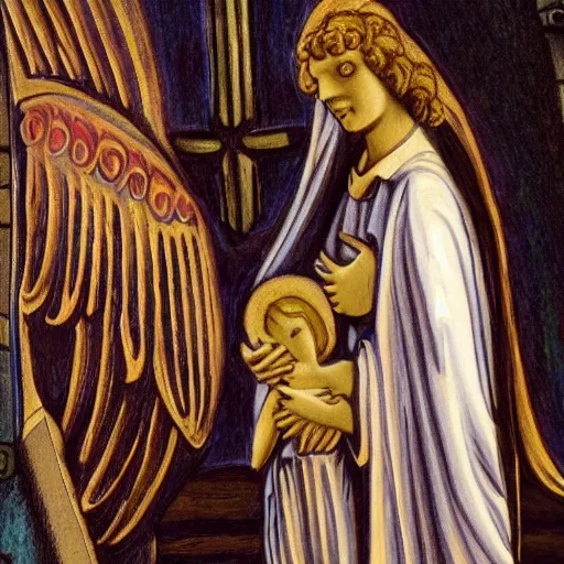 Image similar to angel protecting man who is praying inside a gothic church, dreams style