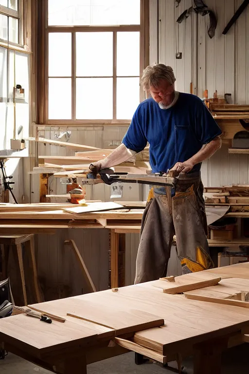 Image similar to simple craftsman fine woodworker building a wooden table in their well lit clean open workshop, thomas lawrence, greg rutkowski