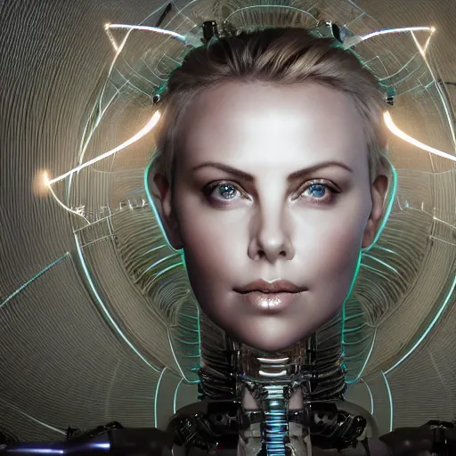 Image similar to beautiful centered Fine art photo portrait of enraptured young Charlize Theron as a solarpunk robotic humanoid, white mechanical parts with led lights, photorealistic, white background, highly detailed and intricate, sunset lighting, HDR 8k