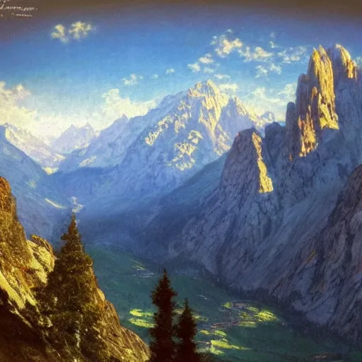 Prompt: wonderful alpine mountain valley, swiss, soft dynamic clouds, astral appearance, cinematic light, sublime, colorful, light shafts, dramatic light, by august malmstrom, russian painters, mucha, disney, global illumination, rule of thirds, perfect central composition