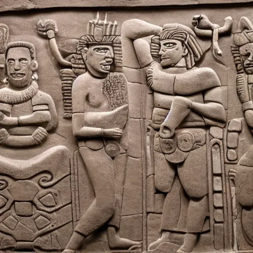 Prompt: Mayan bas relief depicting a funny scene from Seinfeld