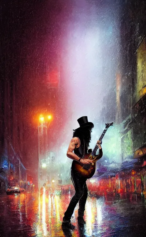 Prompt: a painting of slash playing the guitar, rainy night, lights, particles, depth of field, raindrops, crowd, lights, top hat by greg rutkowski, featured on artstation, epic composition, dramatic theme, cgsociety, deviantart, conceptartworld, screenshot from guitarhero cutscene