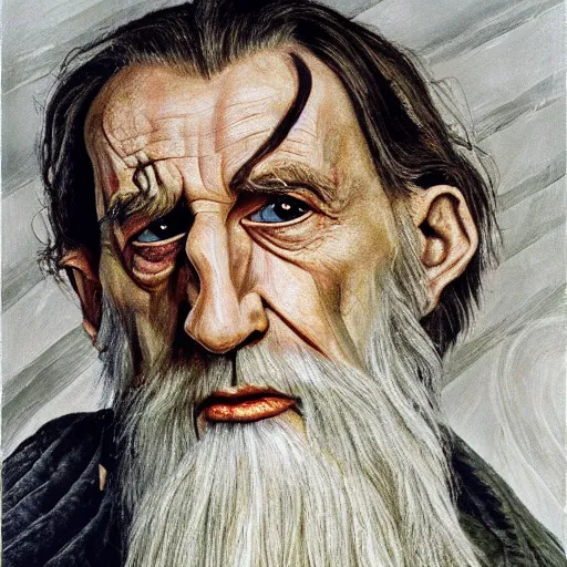 Image similar to high quality high detail painting by lucian freud, hd, saruman from lord of the rings