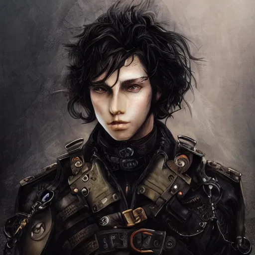 Prompt: portrait of a man by ayami kojima, black, french, he is about 2 0 years old, short black hair, annoyed older brother vibes, he is wearing a steampunk tactical gear, highly detailed portrait, digital painting, artstation, concept art, smooth, sharp foccus ilustration, artstation hq