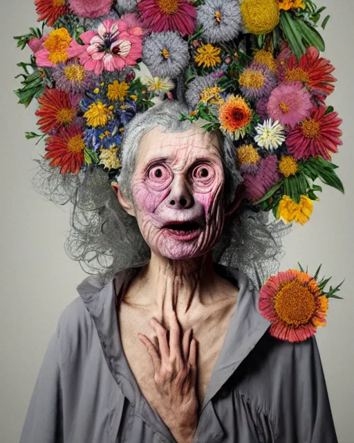 Prompt: a portrait of a surprised, fleshy old woman covered in flowers in the style of guiseppe arcimboldo and james jean, covered in wispy gray hair with a hint of neon, hd 3 d, 8 k
