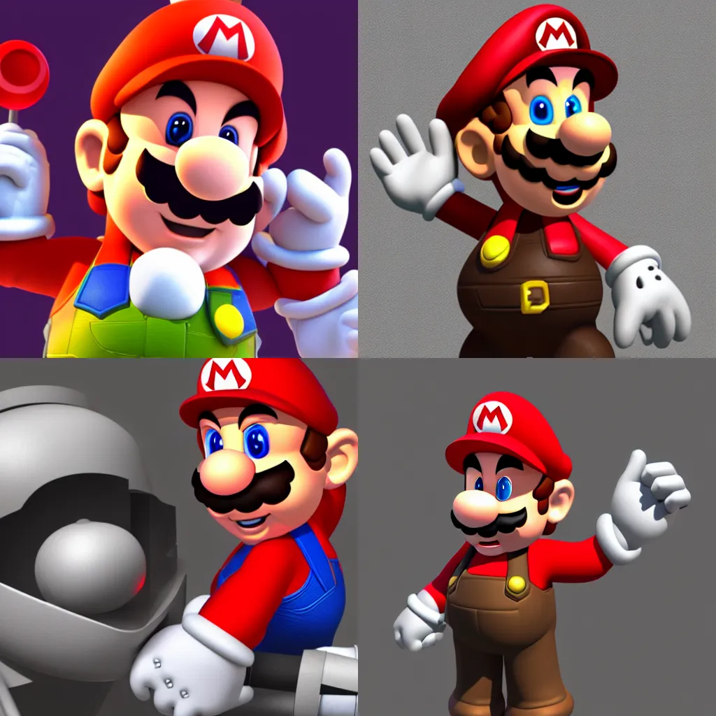 Prompt: 3d render of Mario as a cyborg, 4k, uhd, ray trace