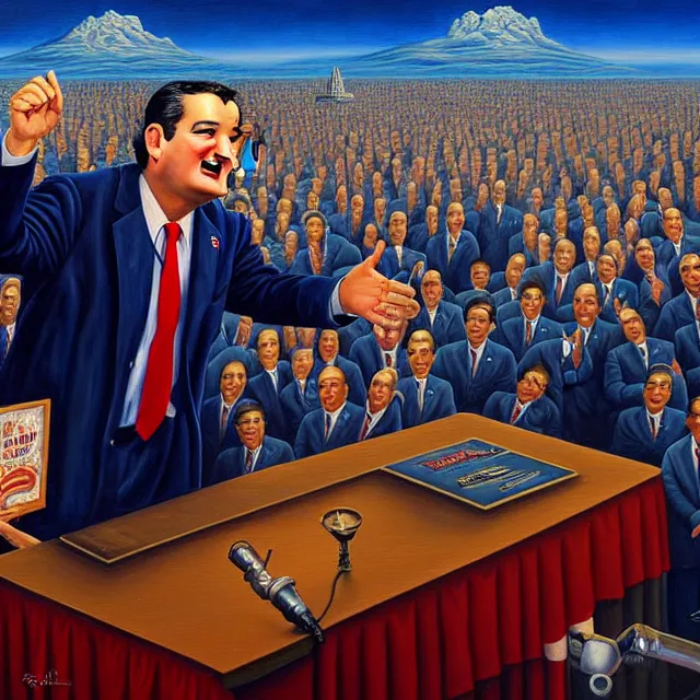 Image similar to an oil on canvas portrait painting of ted cruz doing a speech at the republican convention, surrealism, surrealist, cosmic horror, rob gonsalves, high detail