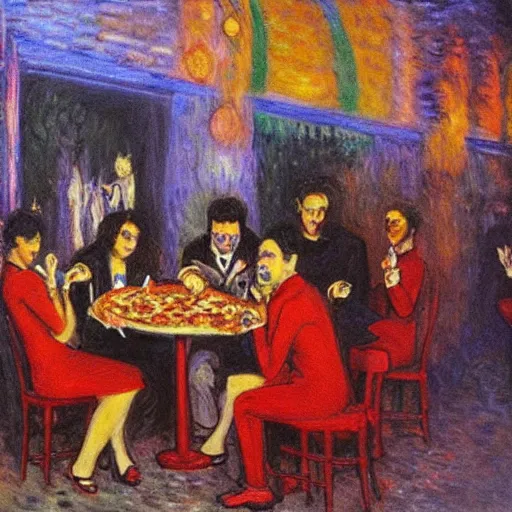 Prompt: a bunch of disco vampires eating pizza in tel aviv by monet