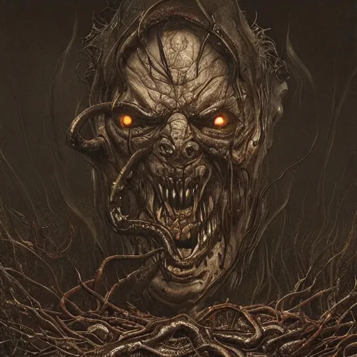 Image similar to photorealistic rendering of eldritch demon from resident evil 7 in the style of michael whelan and gustave dore. hyperdetailed photorealism by greg rutkowski, 1 0 8 megapixels, cinematic lighting.