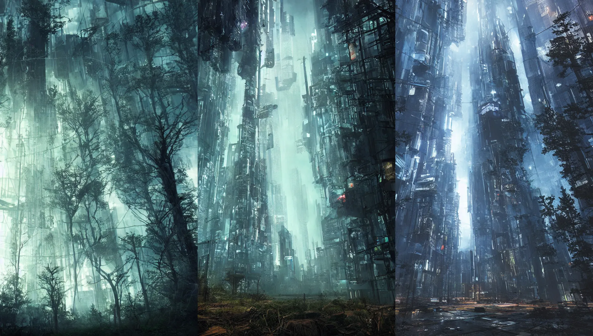 Prompt: dystopian, modern, high-tech cyberpunk wild forest, wide angle, cinematic lighting