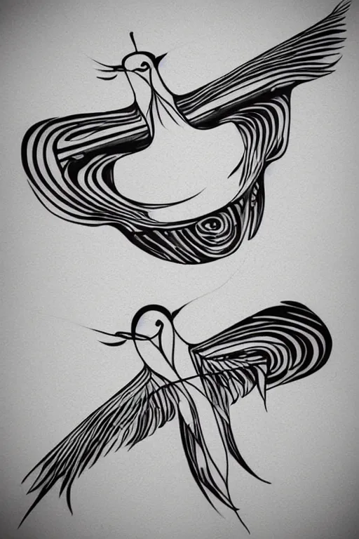 Image similar to a beautiful tattoo design of minimalist flying swallows flying around geometric spirals, black ink, abstract logo, line art