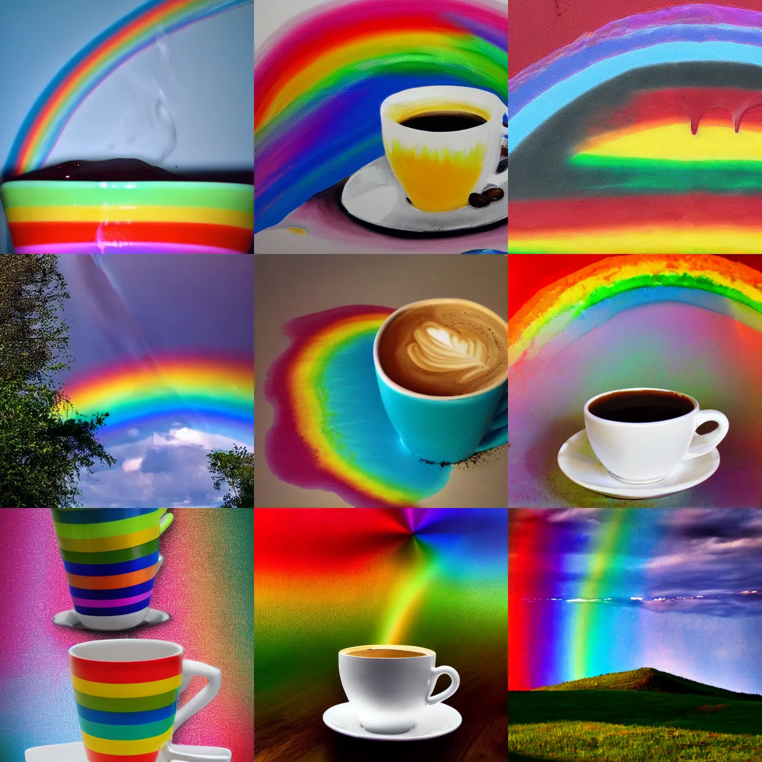 Prompt: cup of coffee melting, rainbow melting, light halo