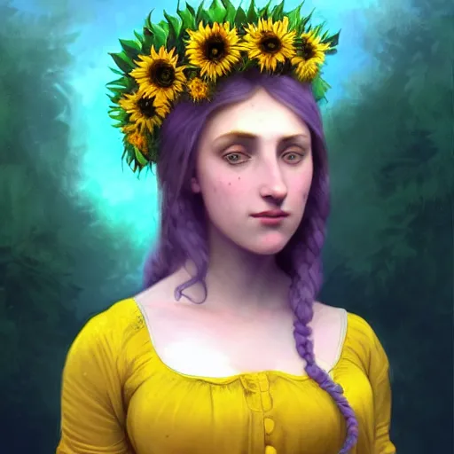 Prompt: a beautiful stunning fantasy whimsical matte digital portrait illustration of a blue-eyed woman with freckles and violet hair wearing a yellow sunflower crown and a dark green garden background, in the style of William Adolphe-Bouguereau and Marc Simonetti, magic the gathering, trending on artstation, contest winner