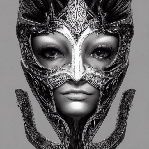 Prompt: Very very very very highly detailed epic photo of face with venetian mask, intricate, dystopian, sci-fi, extremely detailed, digital painting, artstation, concept art, smooth, sharp focus, illustration, intimidating lighting, incredible art by Artgerm