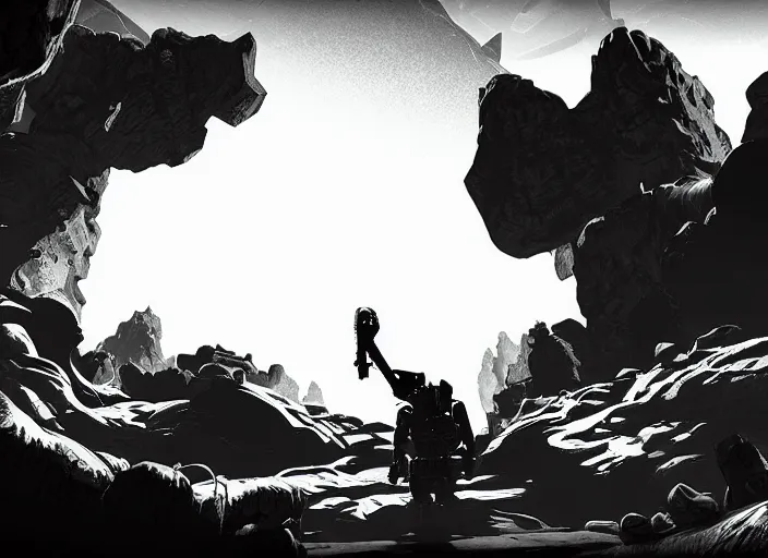 Prompt: deep rock galactic as a black and white etching, video game, cavern
