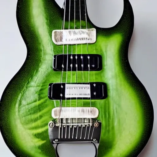 Prompt: a photo of an electric guitar made entirely out of avocado