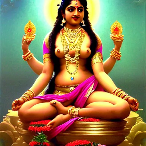 Image similar to seductive lakshmi, laxmi Indian Goddess in a sensual pose, sci-fi, fantasy, intricate, beautiful, elegant, attractive, indian goddess of wealth, highly detailed, digital painting, artstation, masterpiece, concept art, smooth, sharp focus, art by artgerm, hajime sorayama, William-Adolphe Bouguereau and greg rutkowski