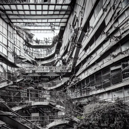 Image similar to of a dystopian city abandoned with debris, nice lighting, building full of plants, futurism, mc Escher, photography, architecture, 8k, detailed