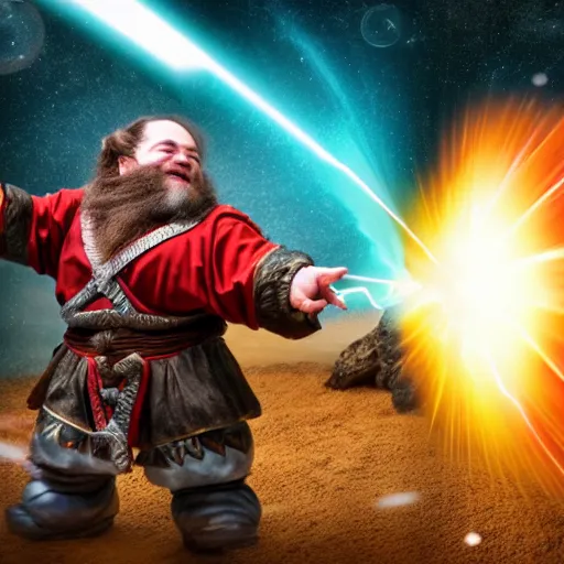 Image similar to a dwarf shooting a kamehameha blast, 4 k, hyper realistic, dslr, high resolution, landscape, beautiful