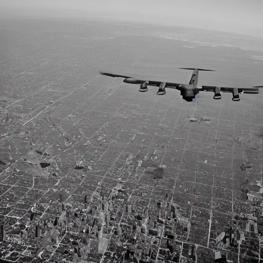Image similar to infrared camera view from bomber, flying over manhattan, c130, military