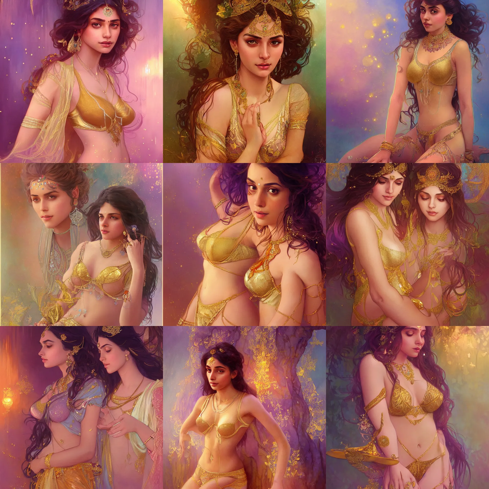 Prompt: beautiful alluring indian princess with sparkling eyes, full body portrait, highly detailed, gold transparent lingerie, fantasy, soft cinematic lighting, award, disney concept art, watercolor illustration by mandy jurgens and alphonse mucha and alena aenami, pastel color palette, featured on artstation