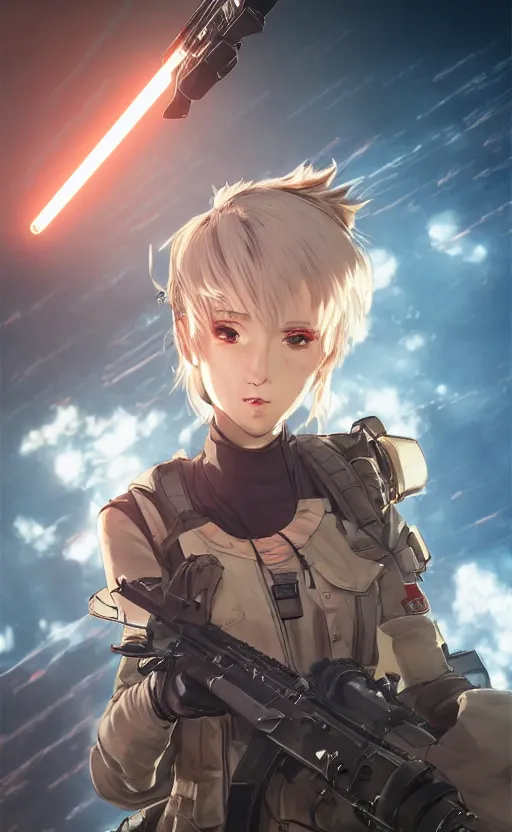 Prompt: highly detailed, high resolution, character design art, stunning, volumetric lightning, realistic guns, girls frontline style, matte, sharp focus, intricate, 150mm, illustration, artstation, by kuvshinov ilya, realistic human anatomy, simple design, realistic military gear, from royal space force the wings of honnêamise movie