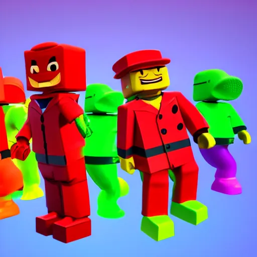 Image similar to high quality 3d render of happy roblox figures, bright and fun colors, octane render, trending on artstation