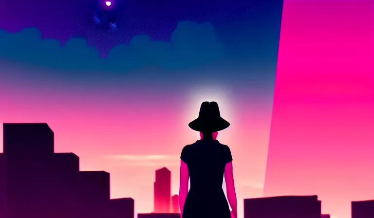 Prompt: the sillhouette of a teenager girl with a hat, above a building looking at a a beautiful and immaculate futuristic city night time. synthwave ombre rendering. trending on artstation. recommended for you behance. by chris moore. by edward hopper. beeple colors. metropolis filmic.