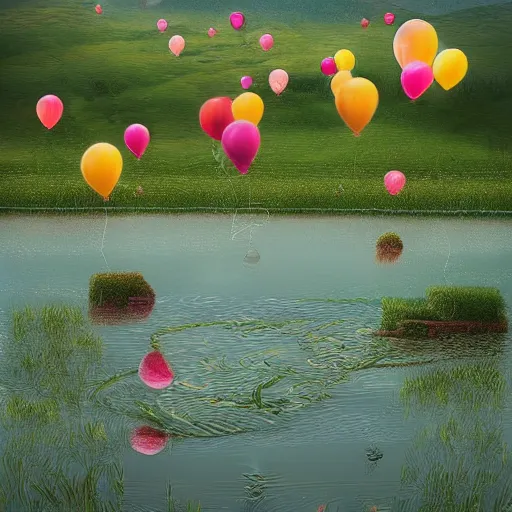 Image similar to plenty of floating birthday balloons. beautiful countryside. digital art, highly - detailed, artstation cgsociety masterpiece