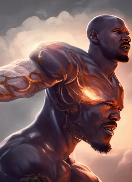 Prompt: a highly detailed illustration of Jamie Foxx as a bearded short fade hair african warrior god of lightning, evil floating pose, moonlit clouds background, muscular, intricate, elegant, highly detailed, centered, digital painting, artstation, concept art, smooth, sharp focus, league of legends concept art, WLOP