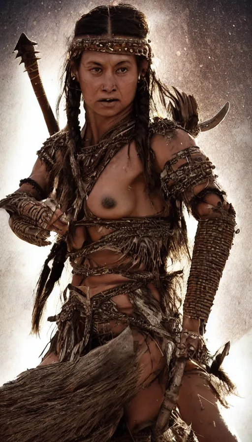 Image similar to sweated ancient princess tribewoman ready to fight, partially destroyed armor inspired monster hunter, low shot camera, muscular, symmetrical face, clean face, subtle make up, debris and arrows flies around her, frozen time effect,dramatic lighting, cinematic, establishing shot, extremely high detail, photorealistic, 300 the movie,monster hunter the movie, dune the movie, cinematic lighting, artstation, octane render, western,old photo, vintage